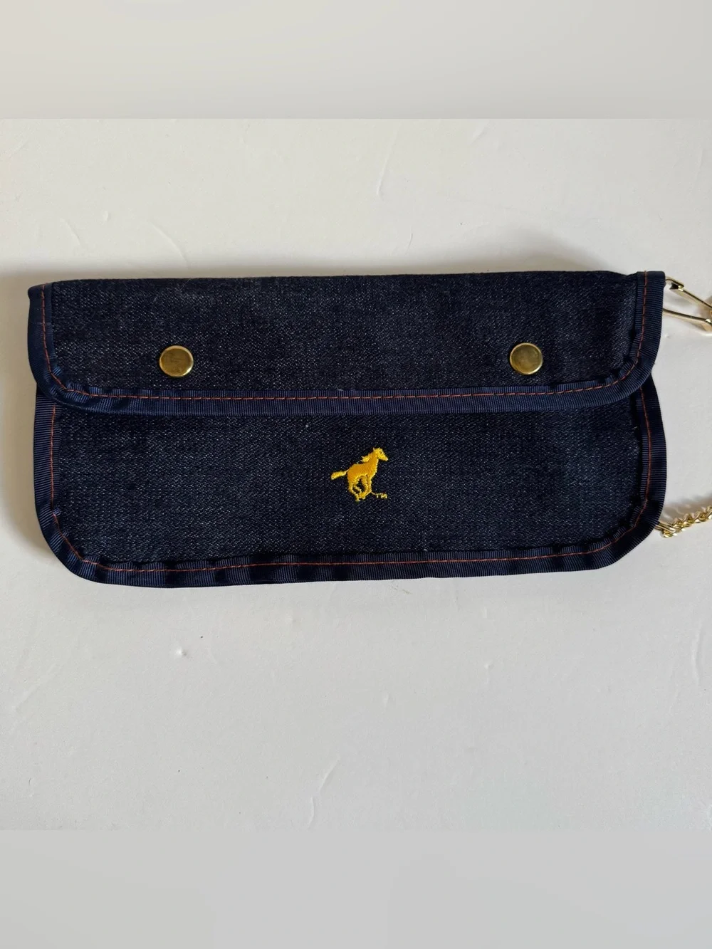 Vintage Ford Mustang Denim Chain Biker Denim Wallet Blue Embroidered Snap Bifold